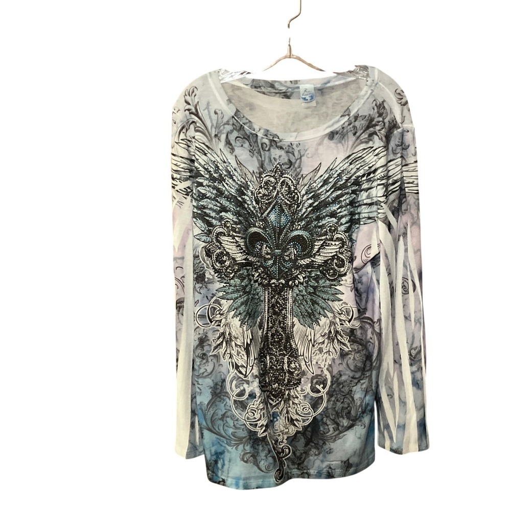 R. Rouge Long Sleeve Top Women 3X  Rhinestone Winged Cross Graphic Fairycore